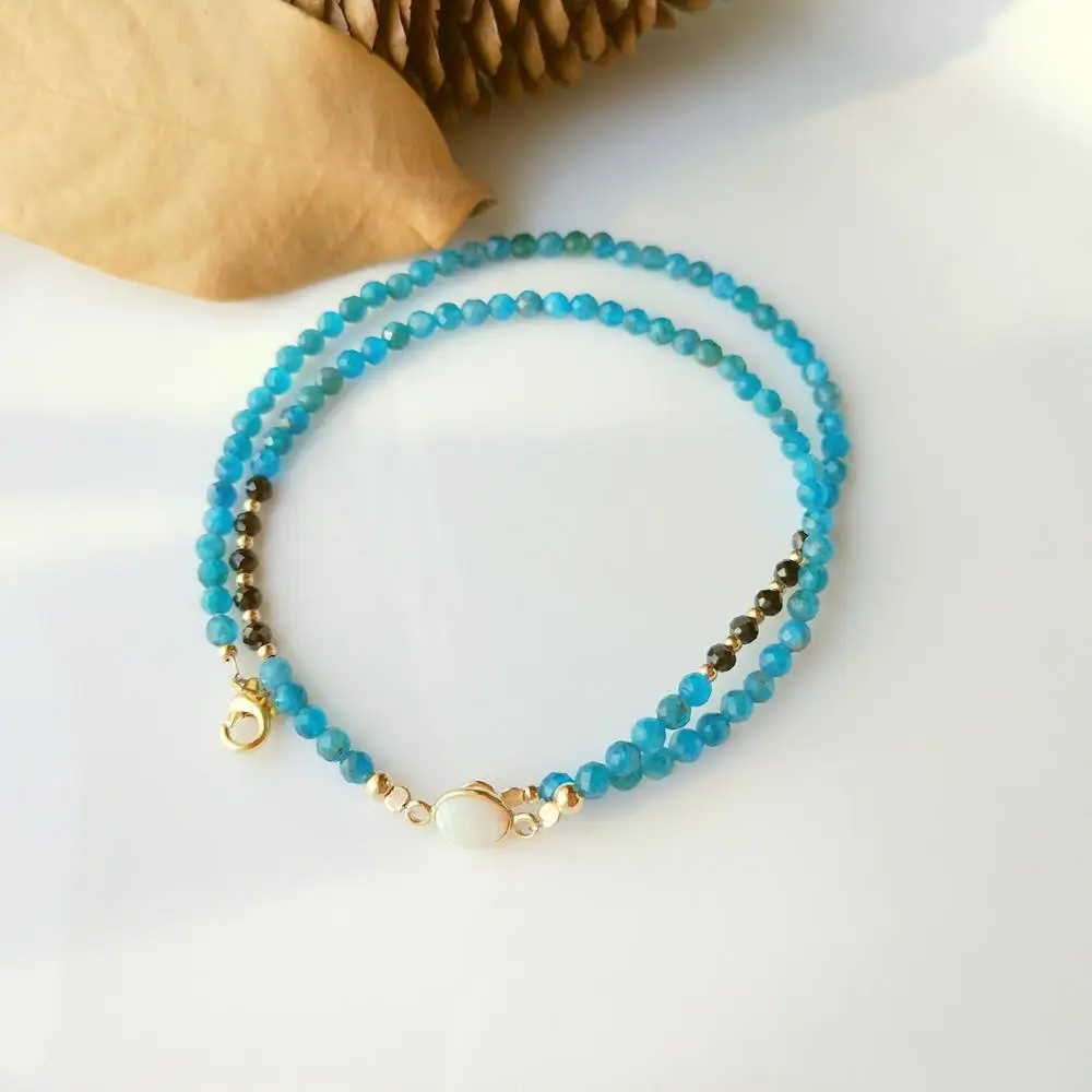 Lii Ji Genuine Stone Choker Necklace Blue Apatite Spinel 9K Yellow Gold Australian White Opal Charm US 14K GF Delicate Necklace