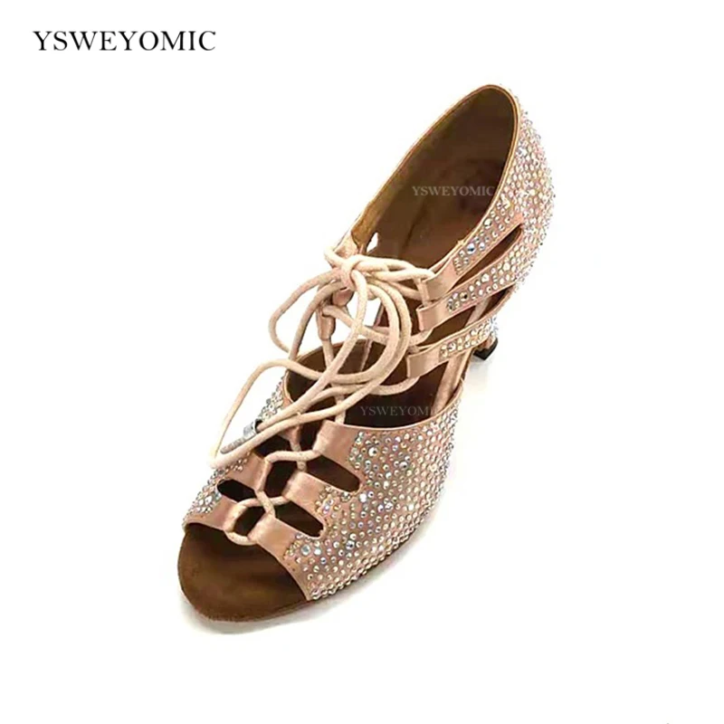 Cyrkonie buty do tańca towarzyskiego latynoamerykańskiego czarne ciało satynowe zamszowe podeszwa Meduim pięty 7cm 6cm 2inch Latin Salsa potańcówka buty