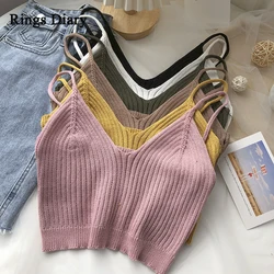 Rings Diary Women Knitted Crop Tops Spaghetti Strap топ женский Camis For Women Clothing 2021 Summer V-neck Strecthy Ribbed Tops