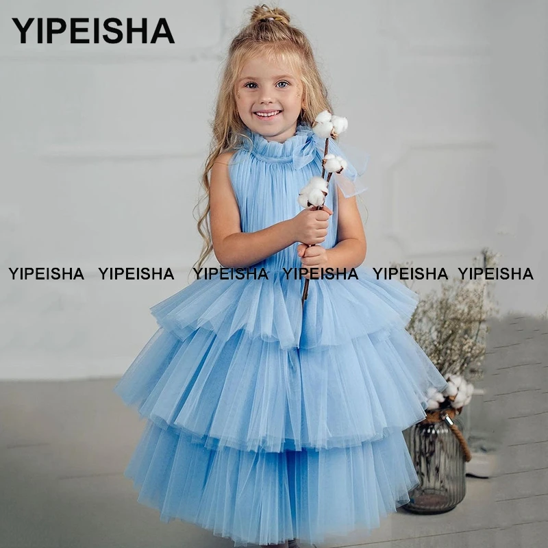 Yipeisha Sky Blau Blume Mädchen Kleider für Hochzeit Kleine Mädchen Pageant Kleid Tiered Rock Kleinkind Cupcake Erste Kommunion Kleid