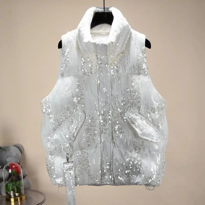 2022 Fall Winter New Women Sequined Down Cotton Vest Jacket Warm Waistcost Female Coat Pocket Fashion Loose Ladies Outwear Vest