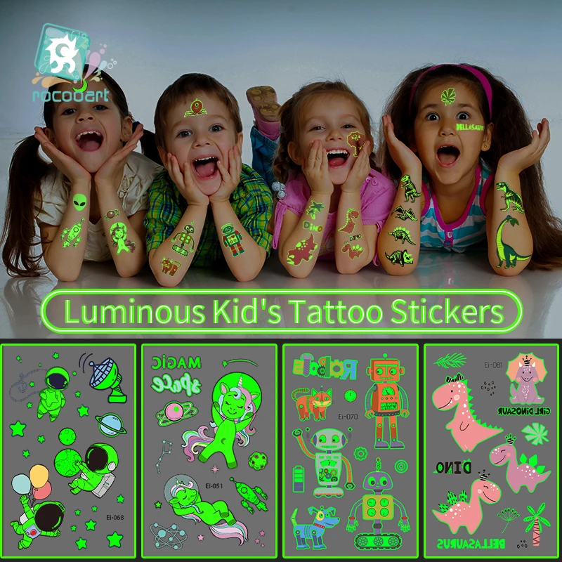 

Luminous Tattoo Stickers Kid Astronaut Unicorn Dinosaur Temporary Fake Tattoos Glow on Face Arm For Children Body Art Stickers