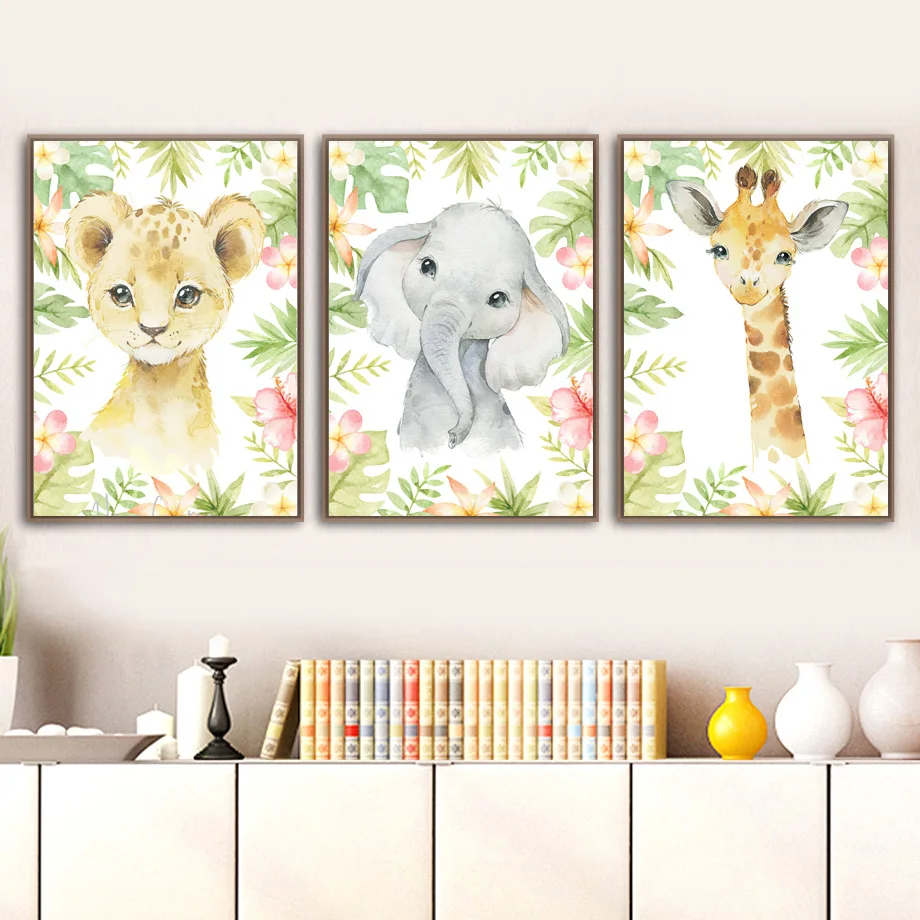 

Watercolor Animals Tropical Plant Lion Elephant Giraffe Wall Art Print Canvas Painting Poster Home Decor Pictures Baby Kids Room