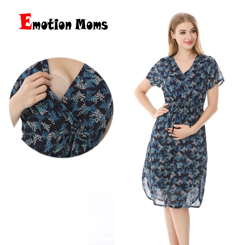 

2024 Emotion Moms Fashion Maternity Breastfeeding Dress Cool Summer Chiffon Nursing Clothes for Pregnant Women Adjustable Waist