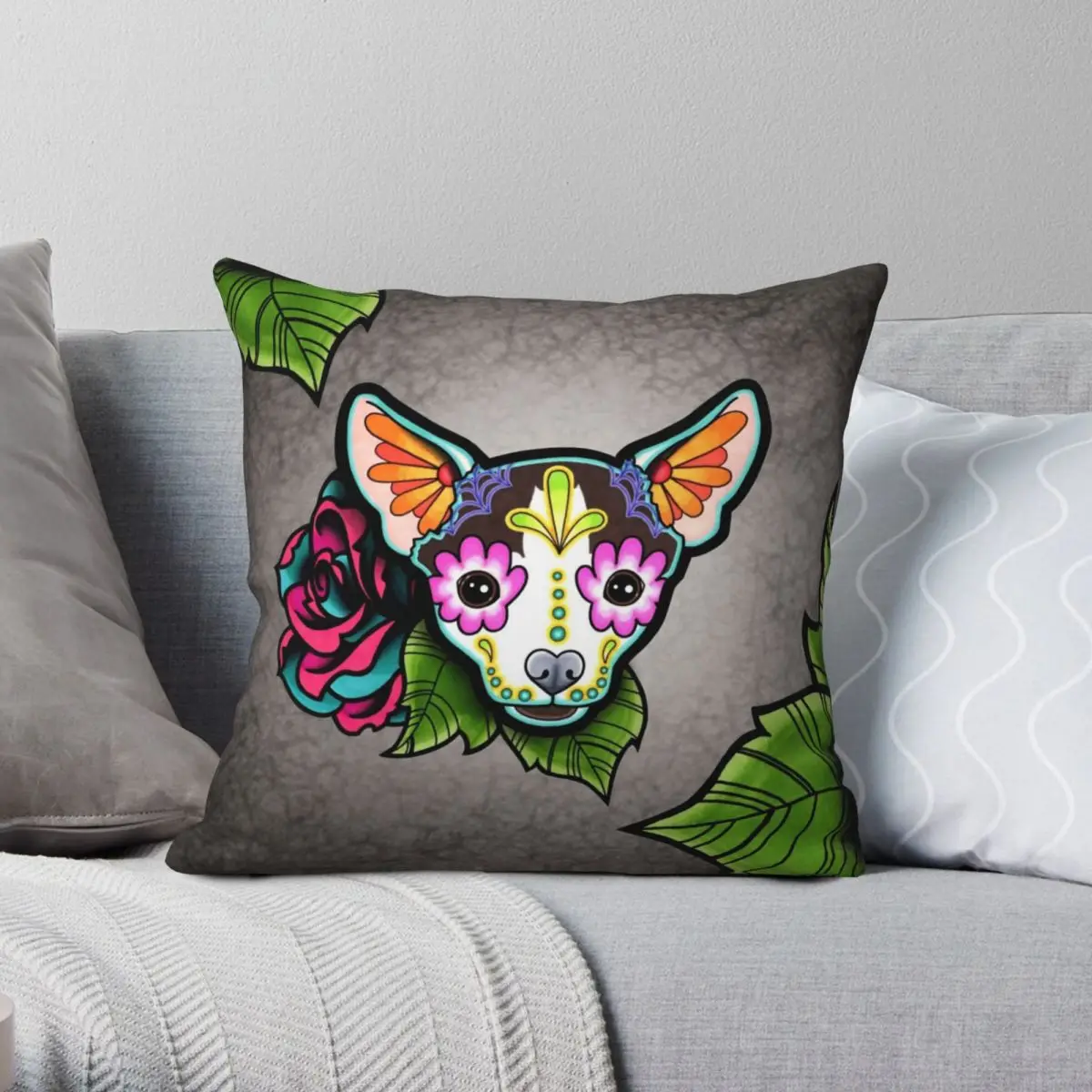 Day Of The Dead Chihuahua Pillowcase Polyester Linen Velvet Creative Zip Decor Throw Pillow Case Room Cushion Cover 18