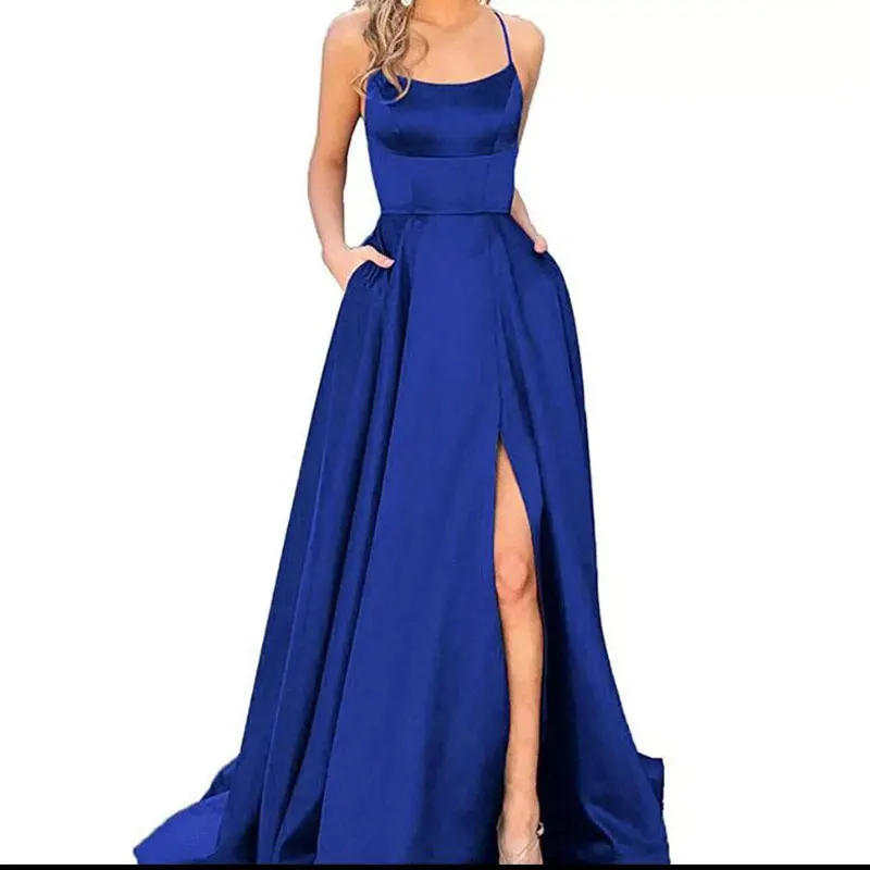 Lange Prom Dresses Eenvoudige Een Lijn Goedkope Prom Gown Hoge Split Spaghettibandjes Cross Back Avondjurk Vestidos De Fiesta