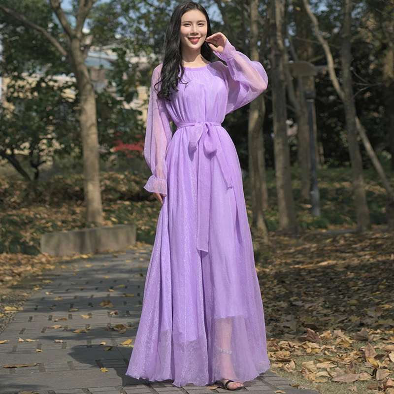 Candy Color Tie-On Waist Chiffon Maxi/Long Dress Long Sleeve Loose Wedding Guest/Bridesmaids/Maternity/Photoshoot/Plus/Party