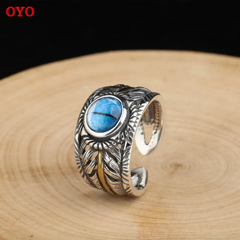 

100%S925 sterling silver retro distressed open ring men and women Thai silver Japanese and Korean personality inlaid