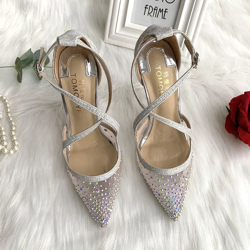 2020 new style silver bling shiny glitter crystal rhinestone cross ankle straps women lady girl wedding party shoes size 45 46