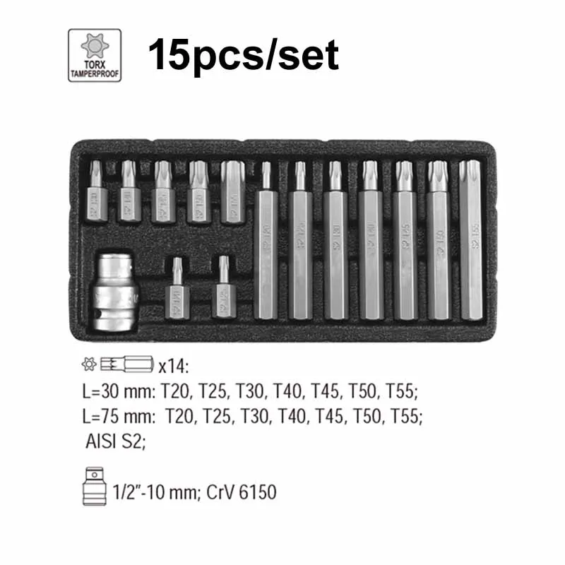 15 in 1 Industrial-grade Durable 10mm Hex Shank Impact Torx Tamperproof Screwdriver Bit with 1/2