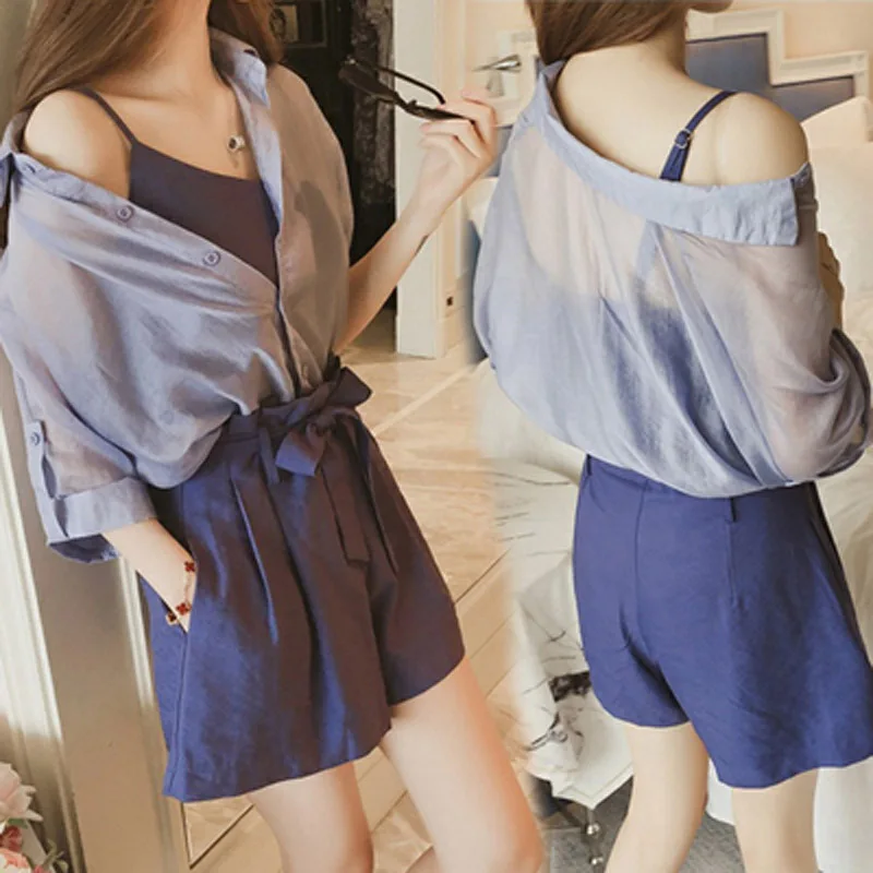 Summer Women\'s 3 Pieces Sets Chiffon Blouse Tank And Elastic Waist Shorts Belt Female Set 2023 Casual Lady Suit