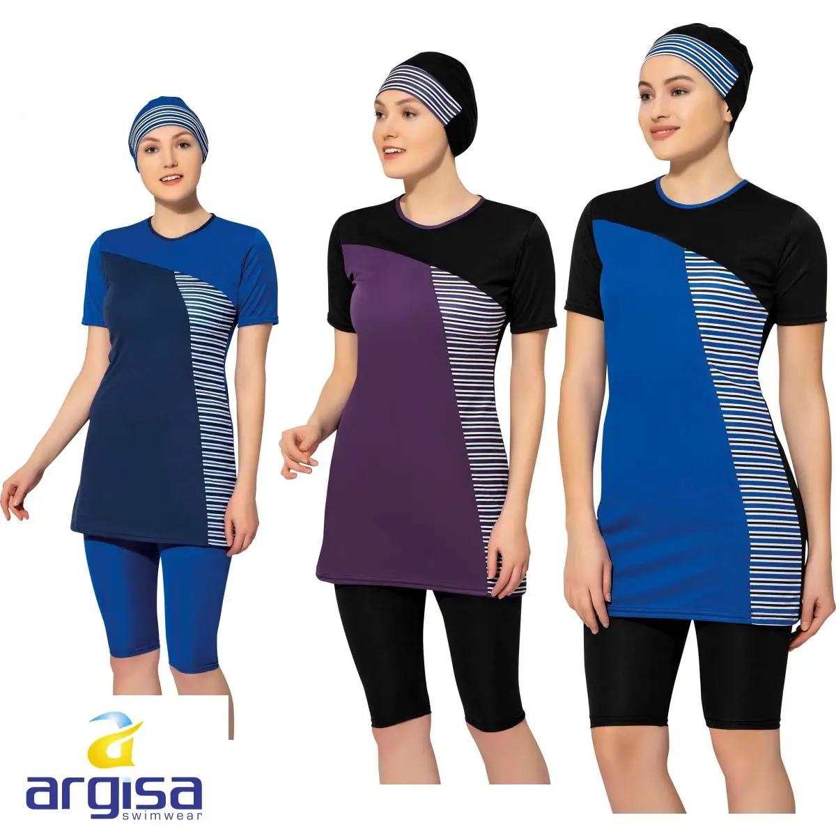 

Argisa 7826 Half Sleeve Striped Semi Burkini Muslim Swimwear 38-60 Plus Size Hijab Islamic Swimsuit Fashion Turkey Women Cover