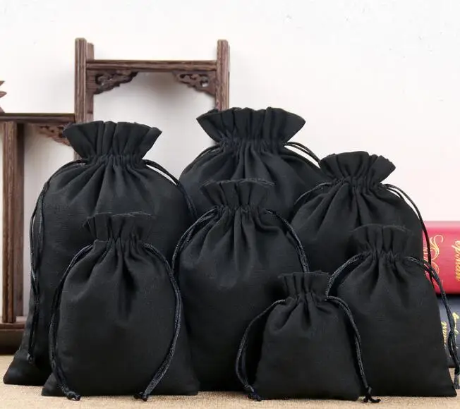 50pcs/Lot Black Cotton Canvas Bags Big Drawstring Gift Pouches Packaging Bag Home Organizer Storage Sacks Custom Logo Print