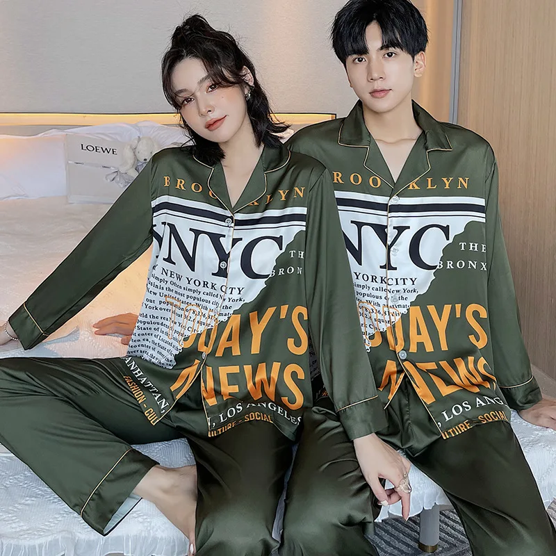 Couple Pajamas Suit With Buttons Printed Home Clothes For Women&Men Sleepwear Lapel Satin Lounge Wear Turn-down Collar Nightwear