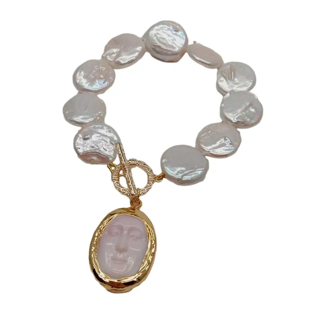 Y·YING Freshwater Cultured White Coin Pearl Bracelet Pink sea shell Facial Mask Charm 8