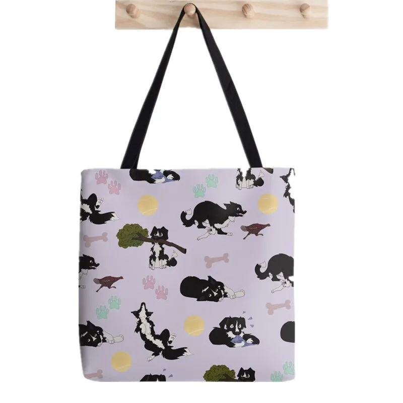 Bolso Kawaii con estampado de Collie para mujer, bolsa de hombro de lona con borde blanco y negro, estilo Harajuku, para compras