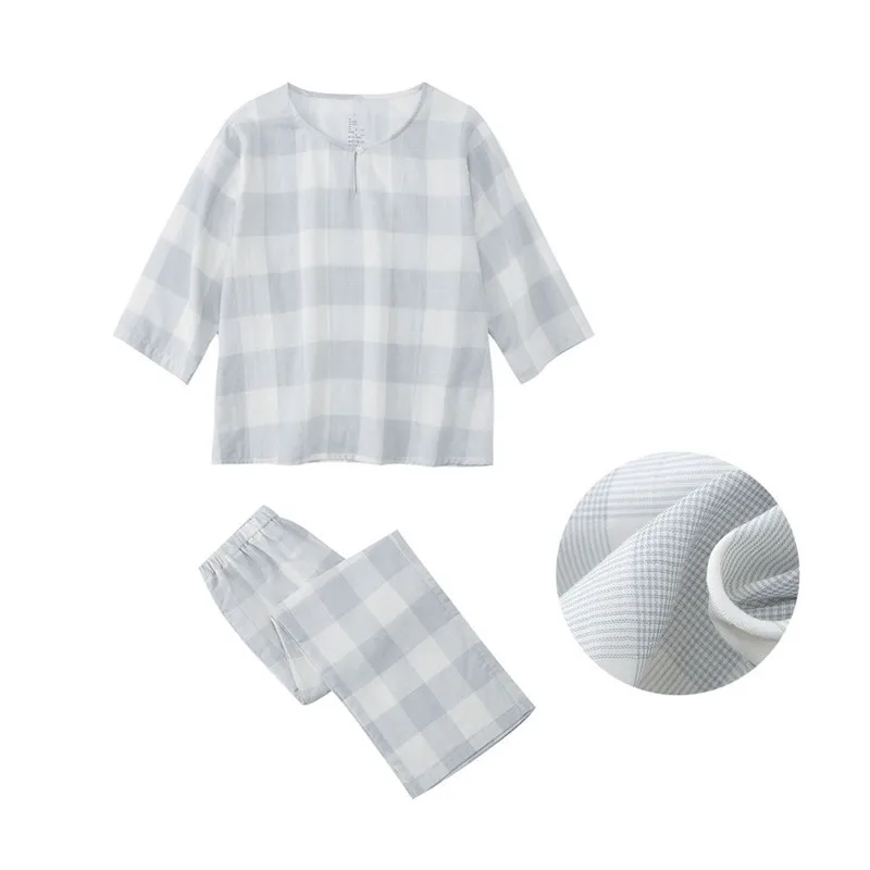 Casual Half Sleeve Plaid Women's Pajamas Set Nine Ponit Pant Sleepwear Home Suit New Loose Cotton Nightwear Pijama Mujer