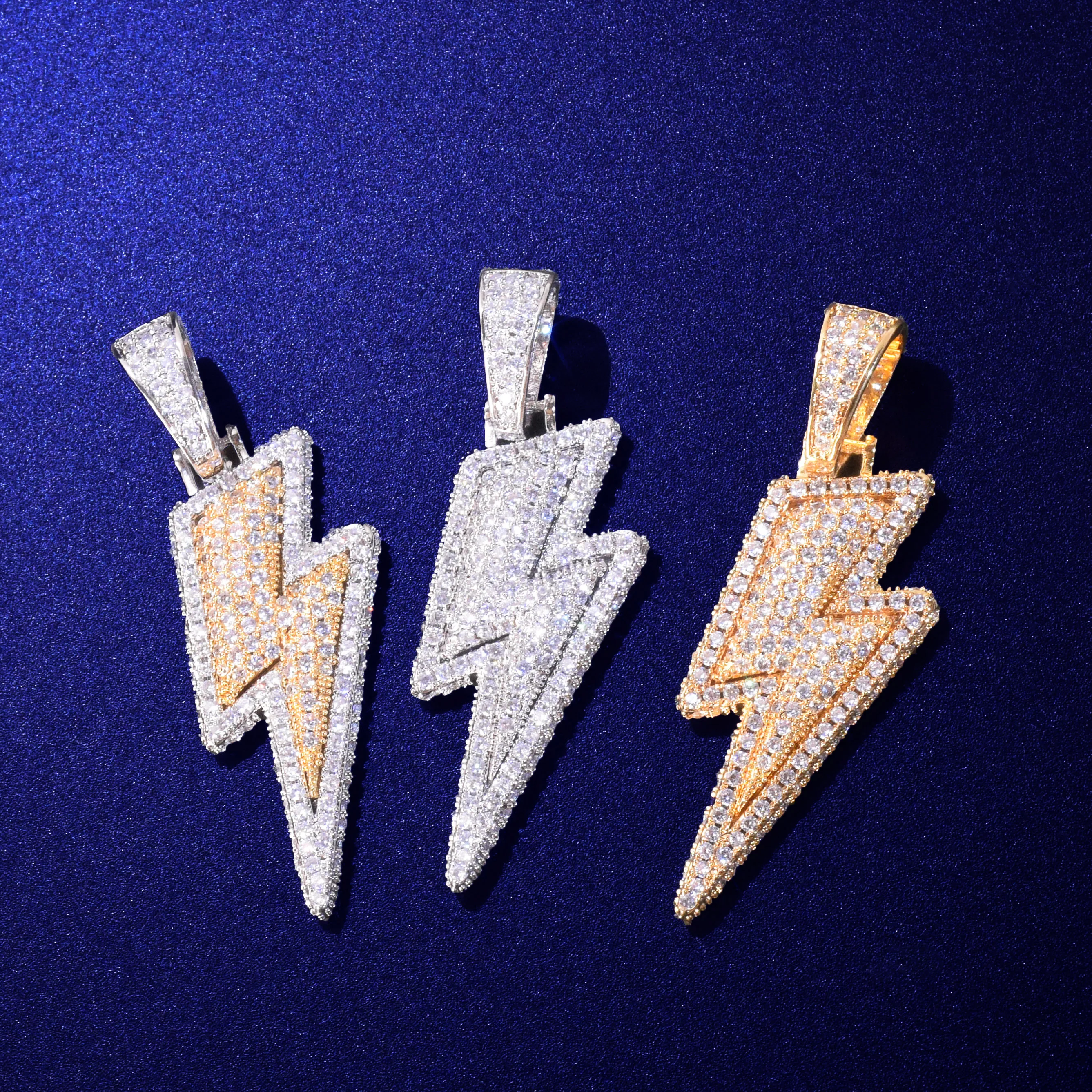 Lightning Shape Pendant Necklace Bling Cubic Zircon Men\'s Hip Hop Rock Jewelry