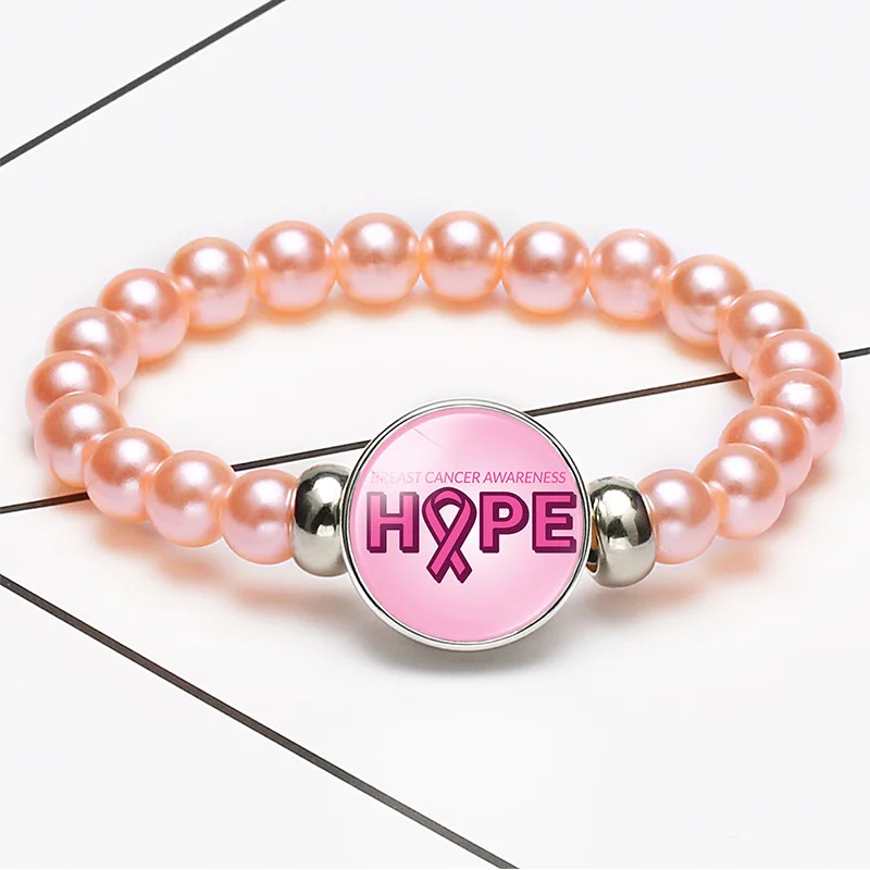 10PC Awareness  Faith Hope Cure Pink Ribbon Believe Beaded Bracelet 18mm Glass Cabochon Charms bracelets Jewelry Women Unisex