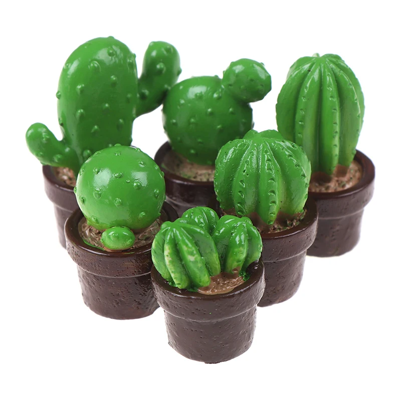 5 pçs bonito verde mini árvore em vaso para 1:12 casa de bonecas miniatura cactus suculentas planta verde em pote boneca casa simulação vaso