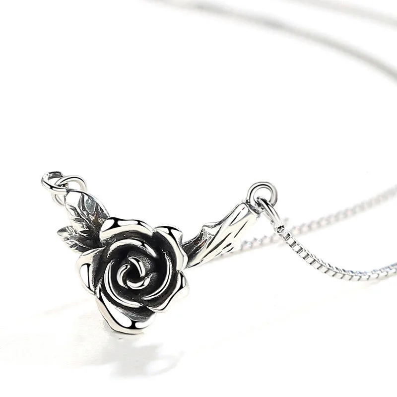 FOXANRY Silver Color Necklace for Women Trendy Elegant Vintage Make Old Design Rose Flower Thai Silver Party Jewelry Gift
