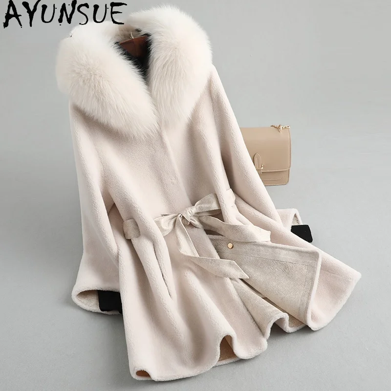 

AYUNSUE Autumn Elegant Real Fox Fur Collar Coat Female Winter 2021 Hooded Sheep Shearling Jackets Women Jaqueta Feminina Gxy446