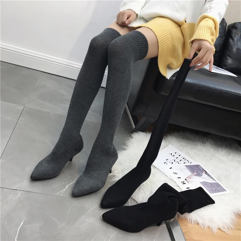 Over The Knee Women Boots Knitting Spring Autumn Slip On Knee Boots Pointed Toe Casual Dress Shoes Sock Boots Fashion Knee Boots