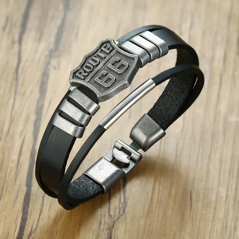 

New Punk Usa Route 66 Mother's Road Leather Bracelet for Men Alloy Retro Multilayer Hand Jewelry 2021 Personality Accessories