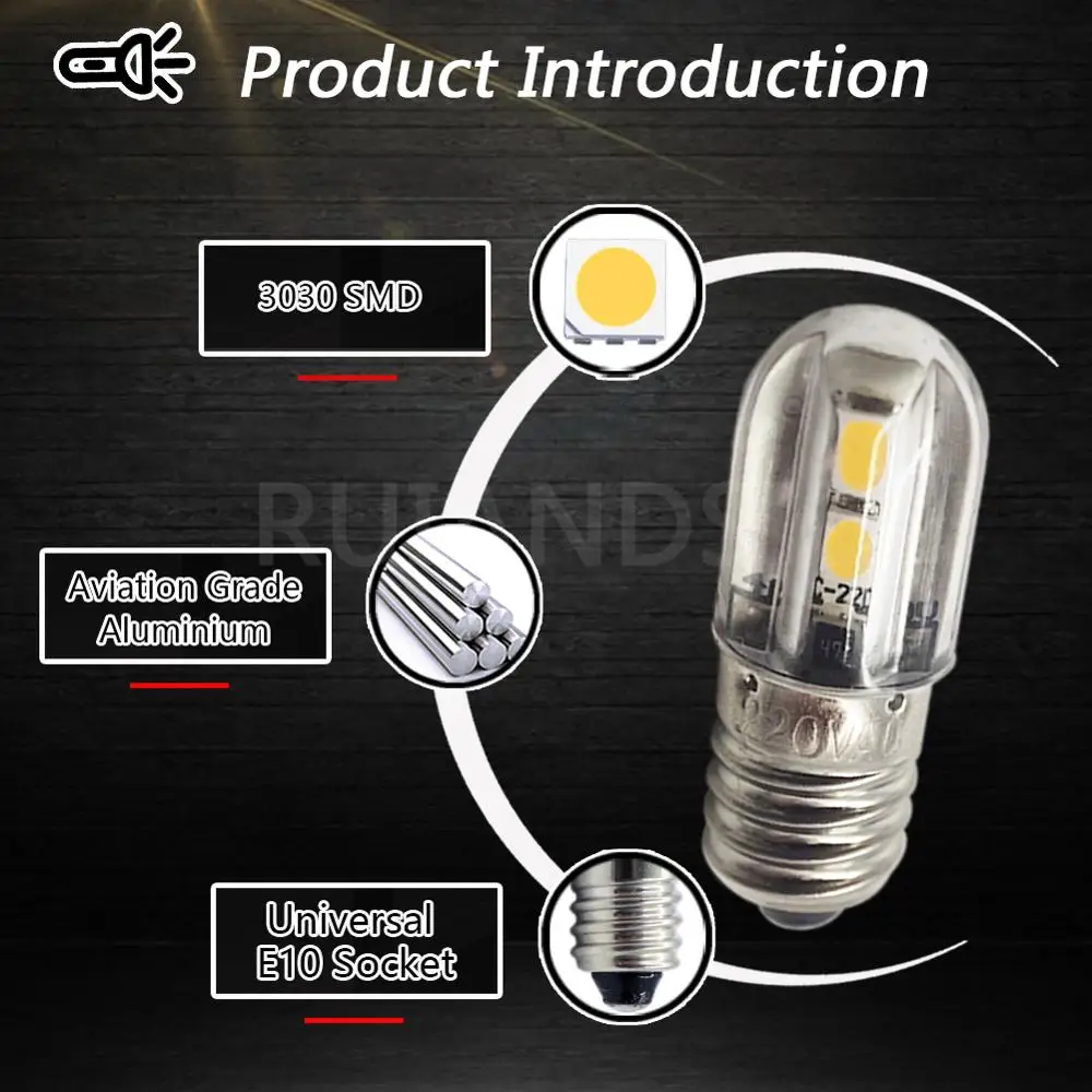 RUIANDSION 2 sztuk E10 4LEDS 3030SMD AC 220V 230V ciepły biały 3000K żółty dekoracyjne światła wodoodporna wymienić żarówka Led