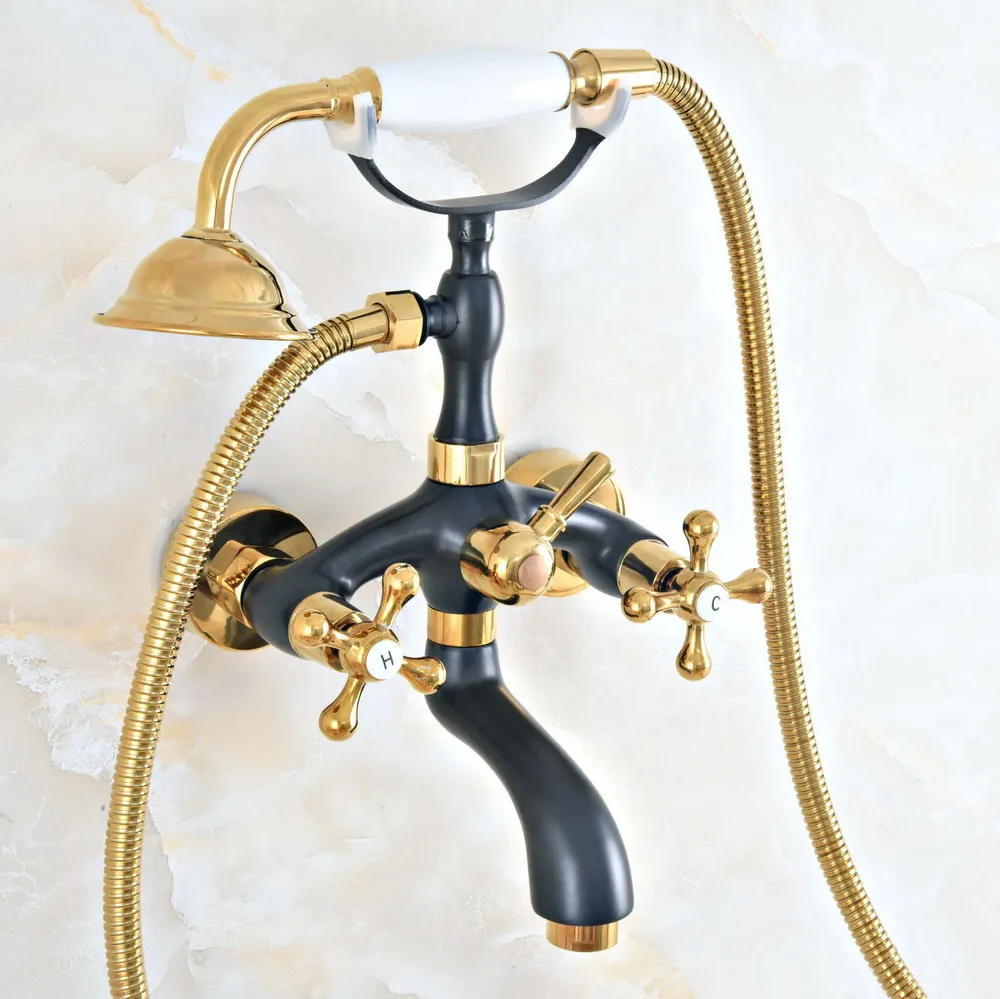 

Black Gold Color Brass Wall Mount Bathtub Bathroom Faucet Telephone Style Mixer Faucet Tap with Dual Handle Handshower zna408