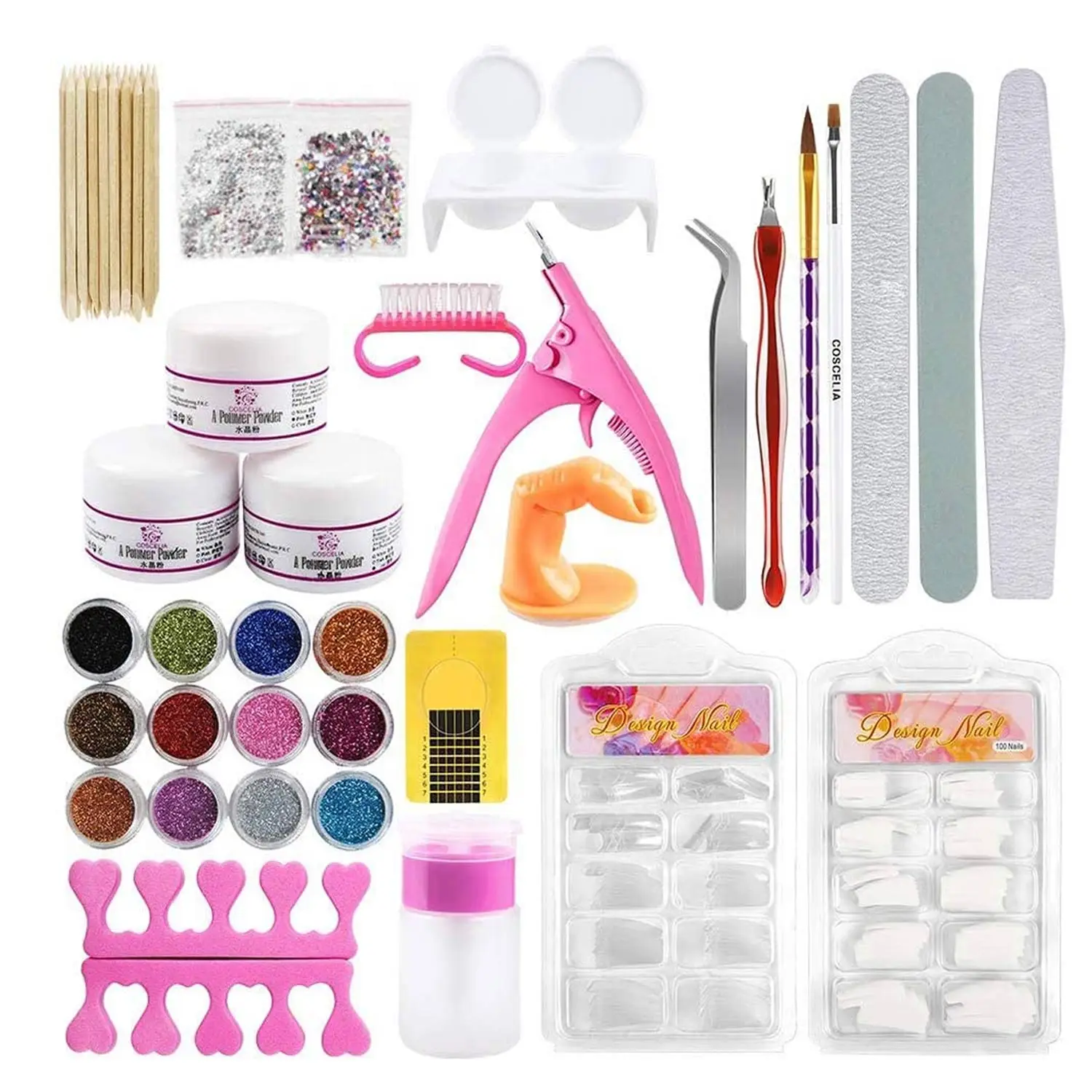 Complete Nail Art Decoration Supplies Tools Kit with Glitter Rhinestones Acrylic Powder Fake Tips for Women Girls Home Salon Use