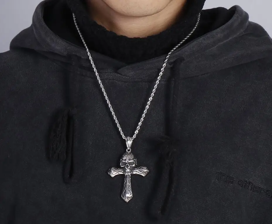 Large Cross Skull Pattern Ghost Head Necklace Men's Stainless Steel Pendantrope Chain 4mm 22 inch