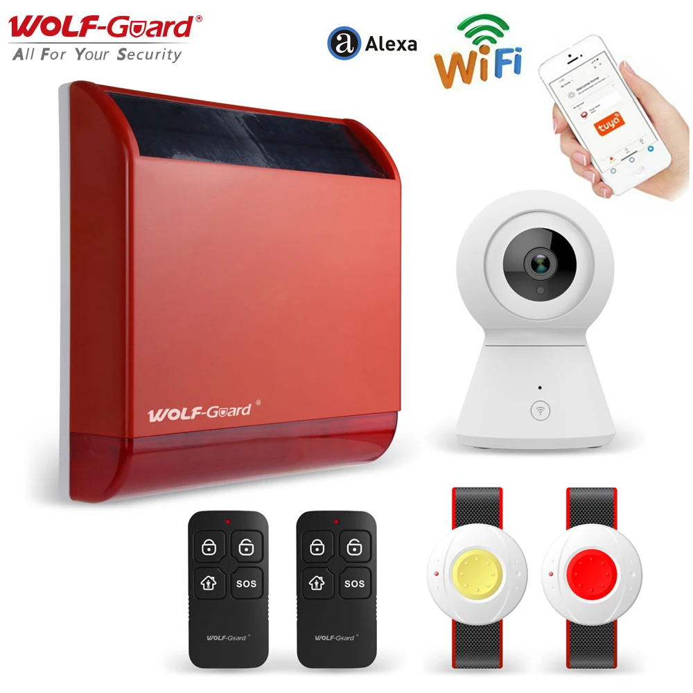 

Wolf-Guard Smart Tuya WiFi Flash Siren Outdoor Burglar Security Alarm System with SOS Button 1080P Camera for Elderly / Patient