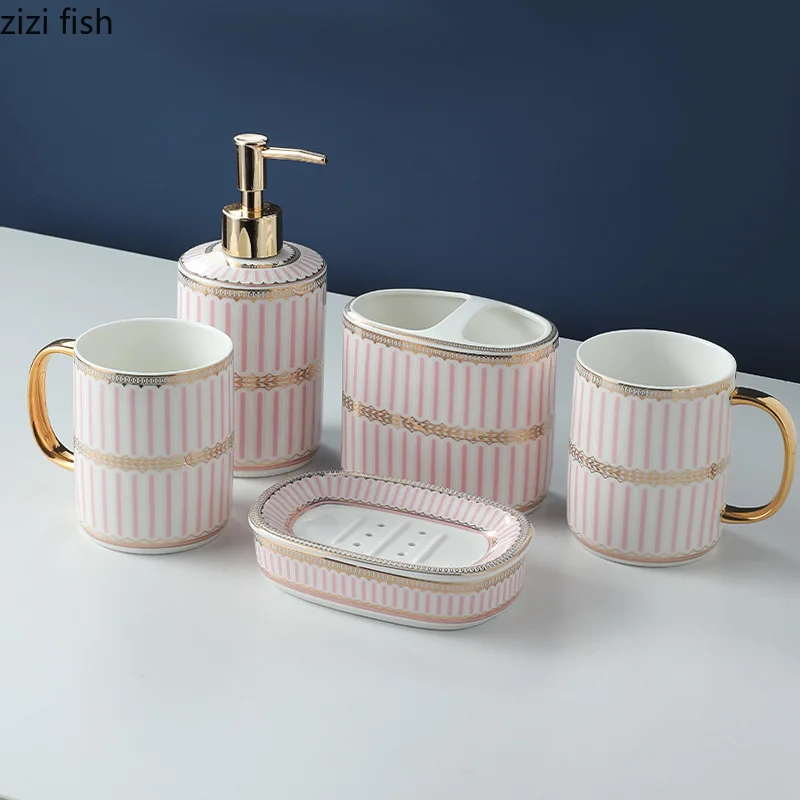 Ceramics Blue Pink Vertical Stripes Wash Five-piece Set Bathroom Product Mouthwash Cup Soap Dish Lotion Bottle Toothbrush Holder