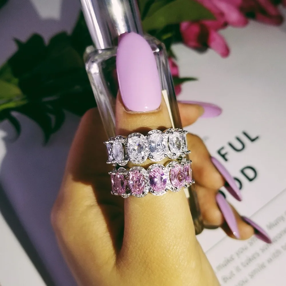 BRAND 925 SILVER PAVE Cushion cut pink stone BAND Ring for Women ETERNITY ENGAGEMENT WEDDING Rings finger Simulated Diamond