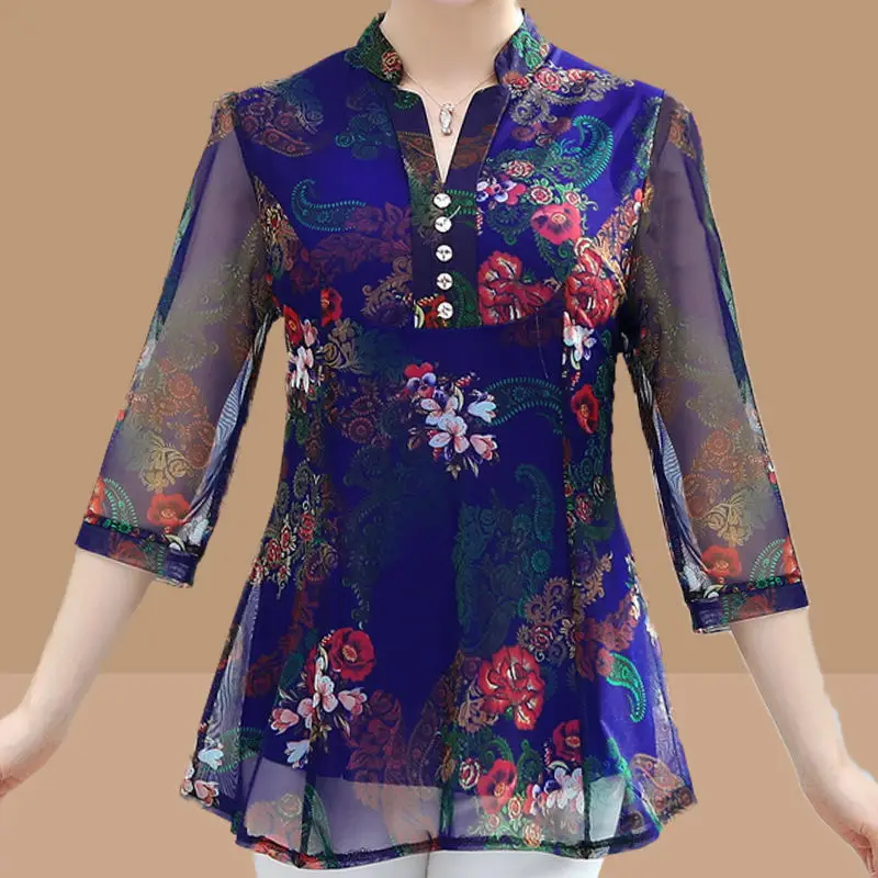 Spring Summer Chiffon Women Shirts Fashion Temperament  Pirnt Ruffle Ladies Casual Blouses Elegant Loose Tops Blusas MM1025