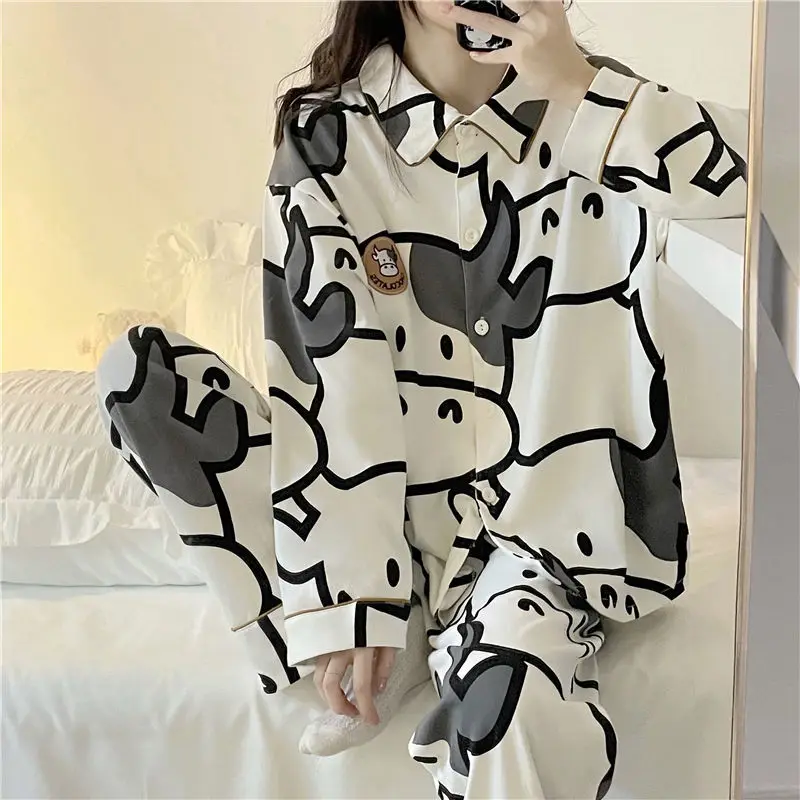 QWEEK Cow Print Women\'s Pajamas Home Clothes Cute Autumn Winter Pyjama Pour Femme Kawaii Sleepwear Pijamas Nightie