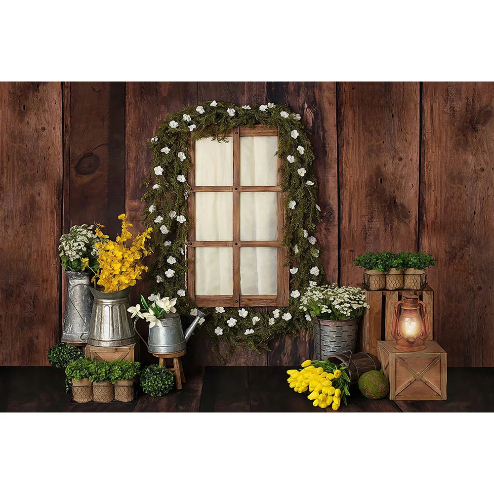 Spring Theme Vintage Wooden Backdrop Photography Fotografia Green Wreath Flowers Newborn Portrait Photo Background Oil Lamp