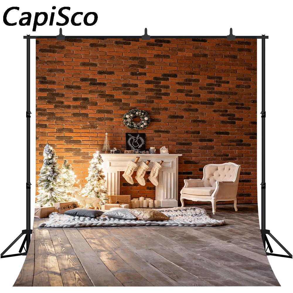 Capisco Photography Background Brick Wall Christmas Tree fireplace Wood floor Baby family portrait Backdrops Photo Studio prop