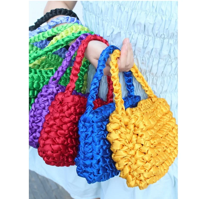 

Seaside Holiday Mini Fluorescent Bag Satin Silk Rope Knot Bag Female Fashion Woven Handbag Korea New Small Retro Purses 2022