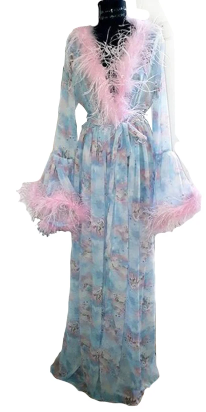 Pink Feather Print Robe 2020 New Ruffles Party Sleepwear Custom Made Nightgown Robes Puffy Skirt Photography Boudoir Pajamas