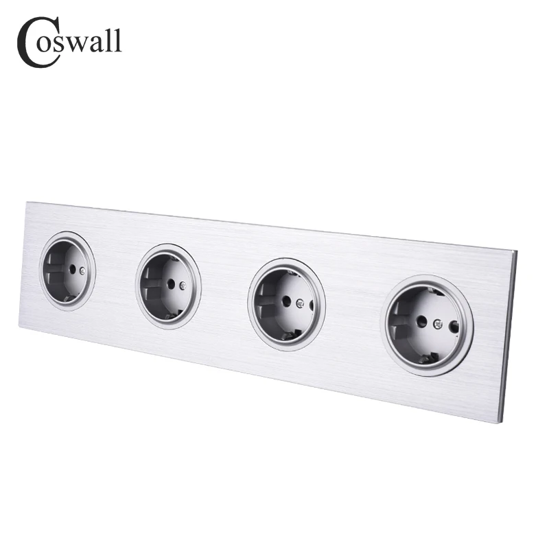 Coswall Black / Silver Grey Brushed Aluminum Metal Panel Quadruple EU Russia Wall Socket Grounded With Children Protective Door