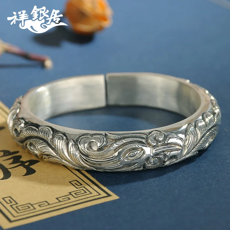 ★original handmade 99 foot silver fenghuanglaiyi national style retro wide face loach back pure silver bracelet