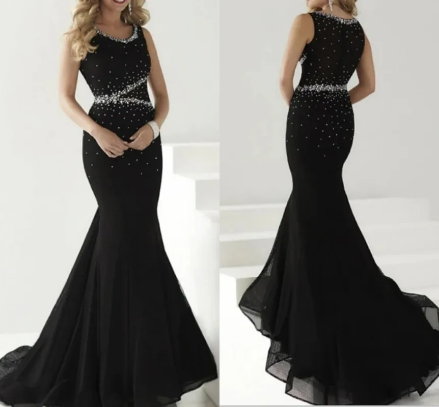 Brilho preto sereia noite vestidos 2021 jewel neck sem mangas cristais beading formal vestidos de festa de fiesta