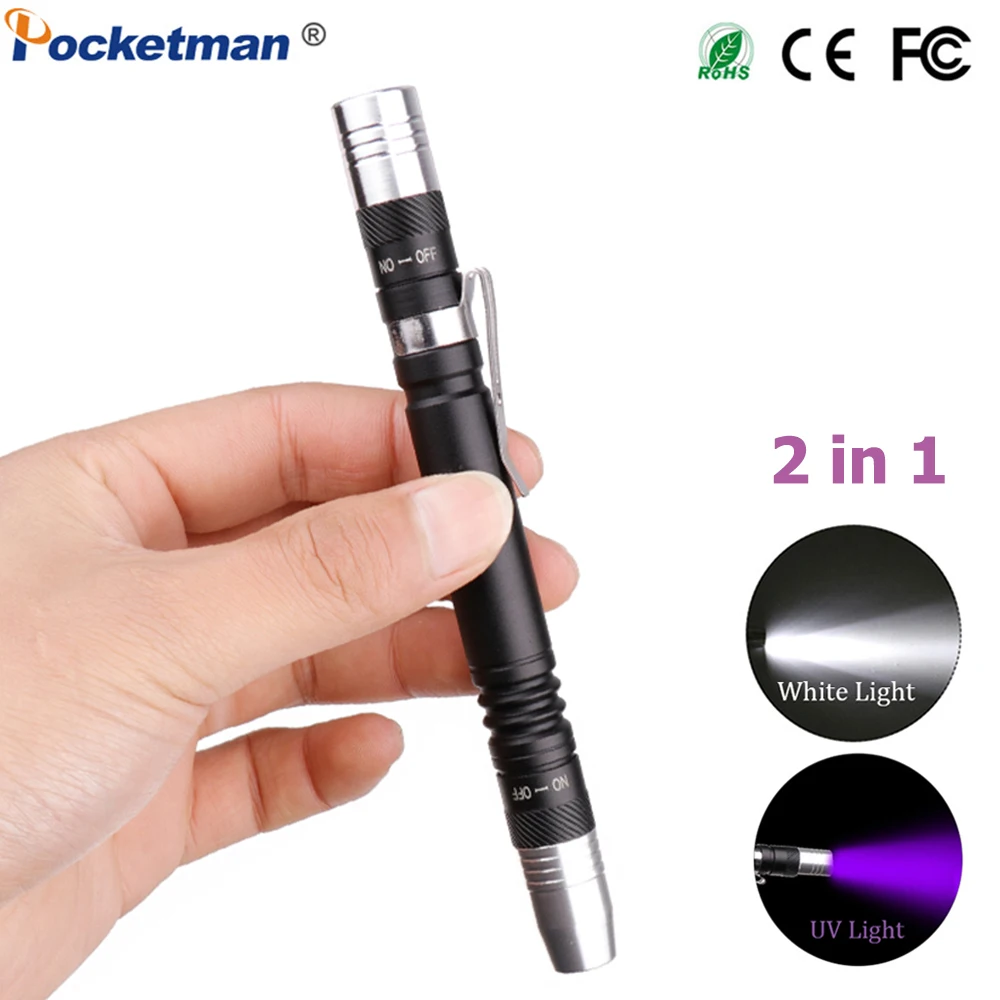 New 2 in 1 Mini UV LED Flashlight Pen Flashlight Multifunctional 395nm Ultra Violet Flashlight Purple White Light Torch