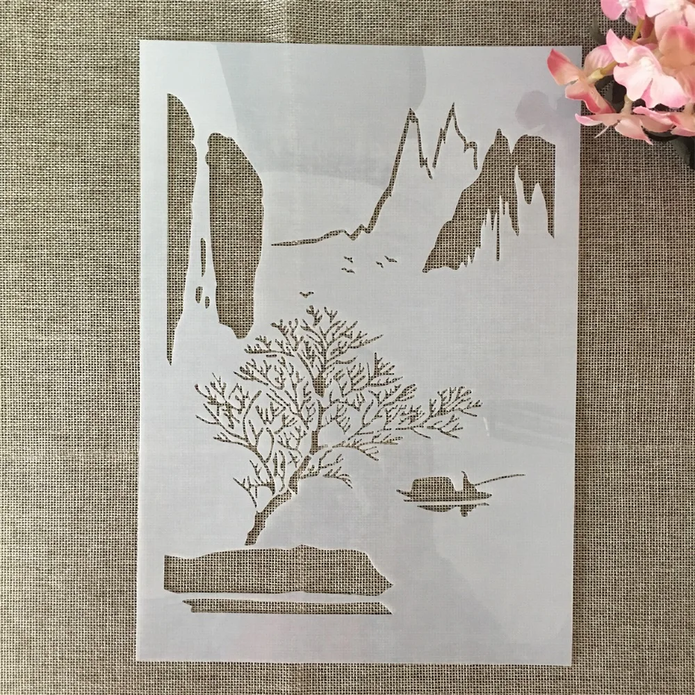 A4 29cm Chinese River Mountain Fisherman DIY Layering Stencils Painting Scrapbook Coloring Embossing Album Decorative Template