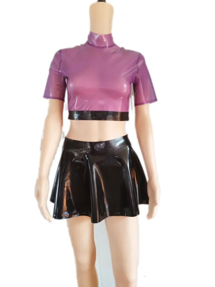 

Casual style women's outfits including tranparent purple latex tops and black summer pleated latex skirt