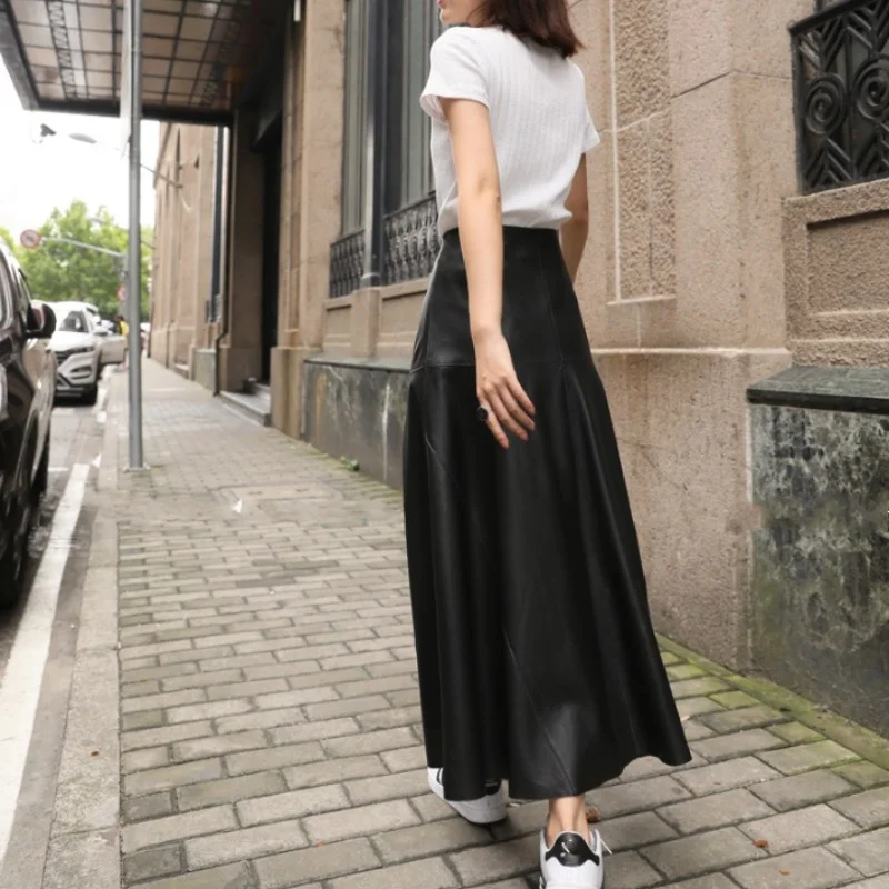 Winter Autumn Women Ankle Length Long Wide Flare Skirt High Waist Sheepskin Genuine Leather Skirts Harajuku Casual Maxi Skirt