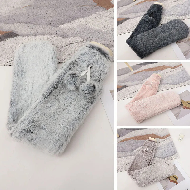 74*14cm Faux Rabbit Fur Rubber Extra Long Hot Water Bottles Bag with Fluffy Removable Bunny Cover for Waist Hand Foot Warming 2L