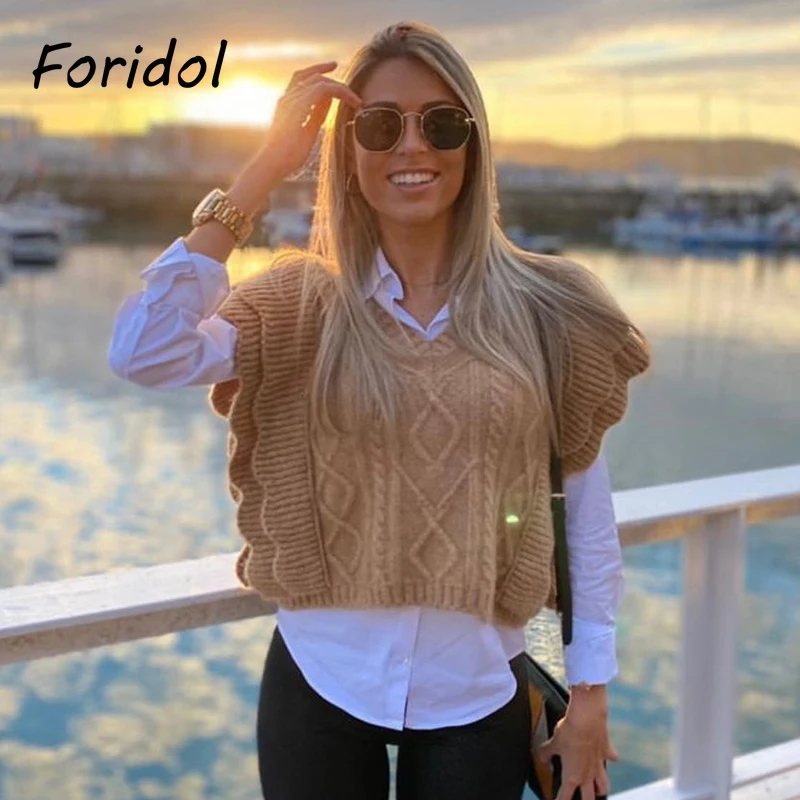 Foridol Knitted Sweater Vest Women Ruffle Vintage Sleeveless V Neck Brown Waistcoat Thick Autumn Winter Twist Vest Pullover 2021